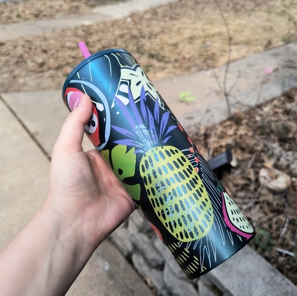 Starbucks Palm Leaf Tropical Fruit 24oz Stainless Steel Tumbler with Pink Straw - Picture 4 of 9